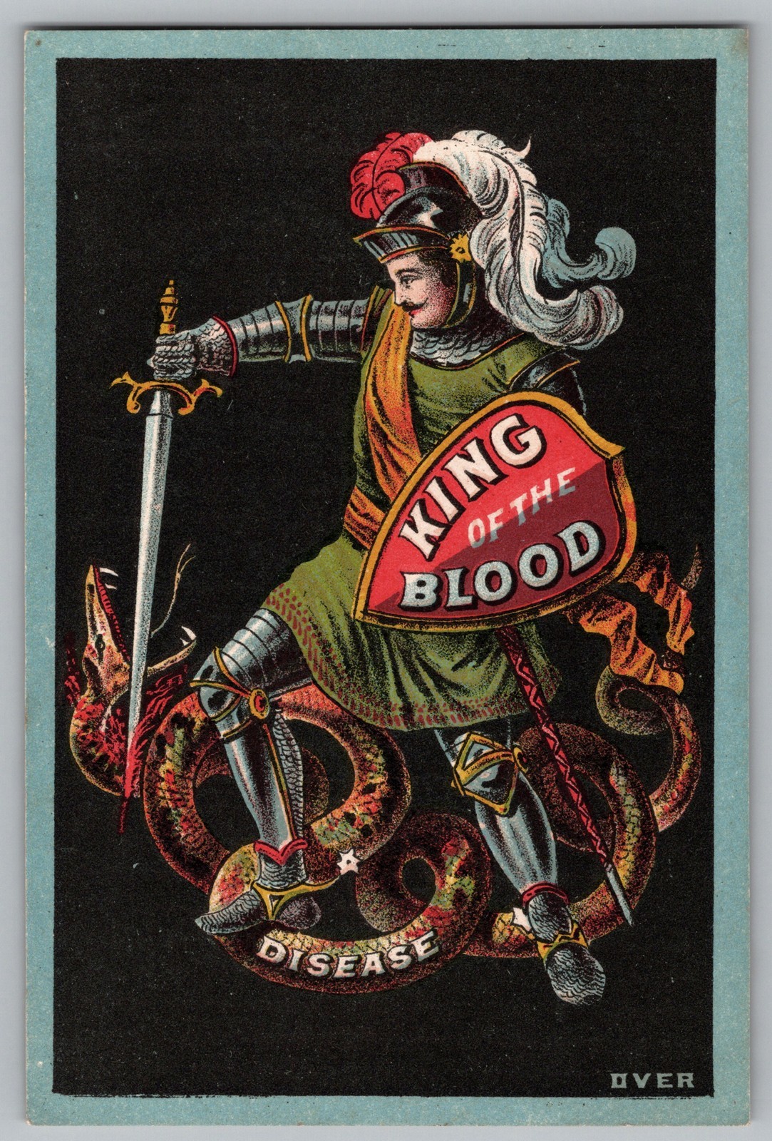 1880s King of the Blood Patent Medicine Trade Card Knight Slaying Disease Snake