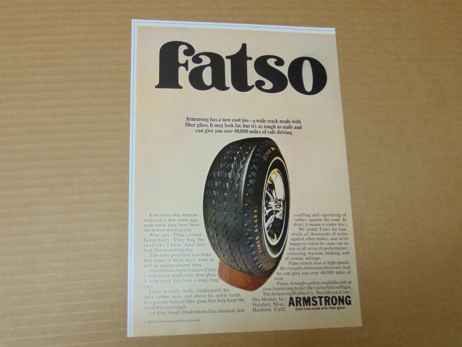 1968 ARMSTRONG Fiber glass FATSO Tires vintage art print ad