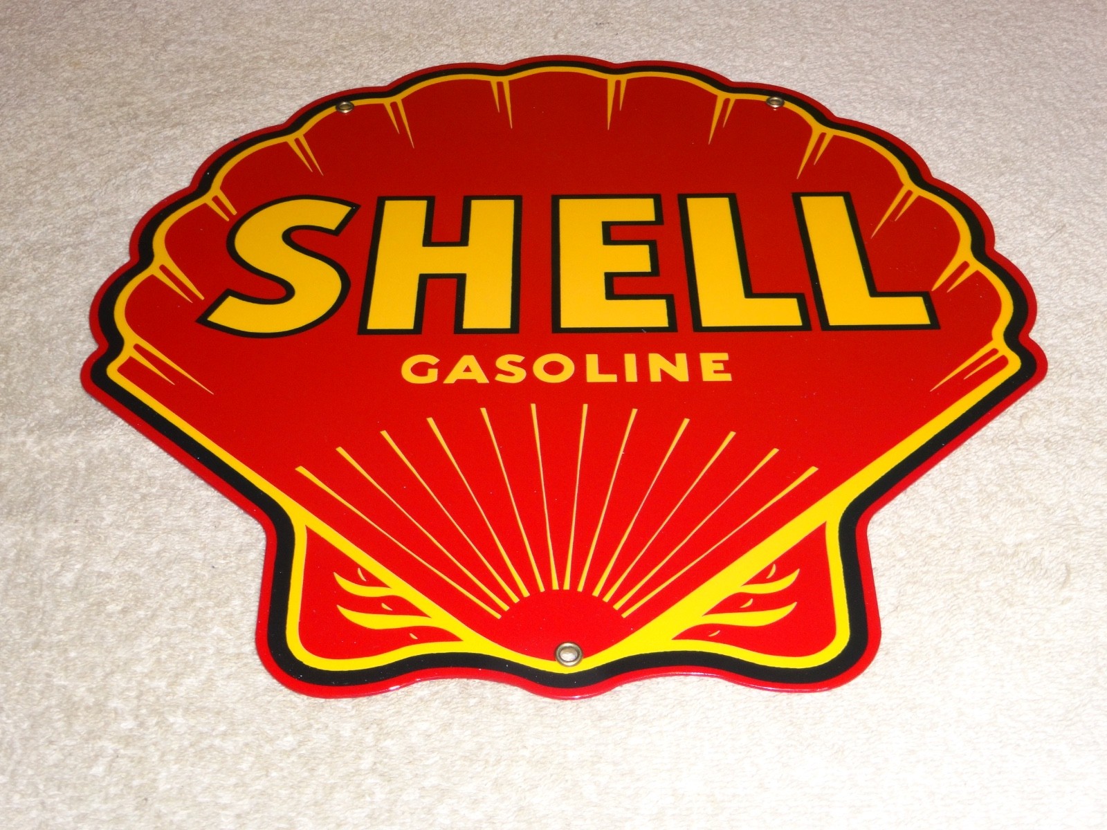 VINTAGE SHELL GASOLINE RARE RED 11 3/4″ PORCELAIN METAL SERVICE STATION OIL SIGN
