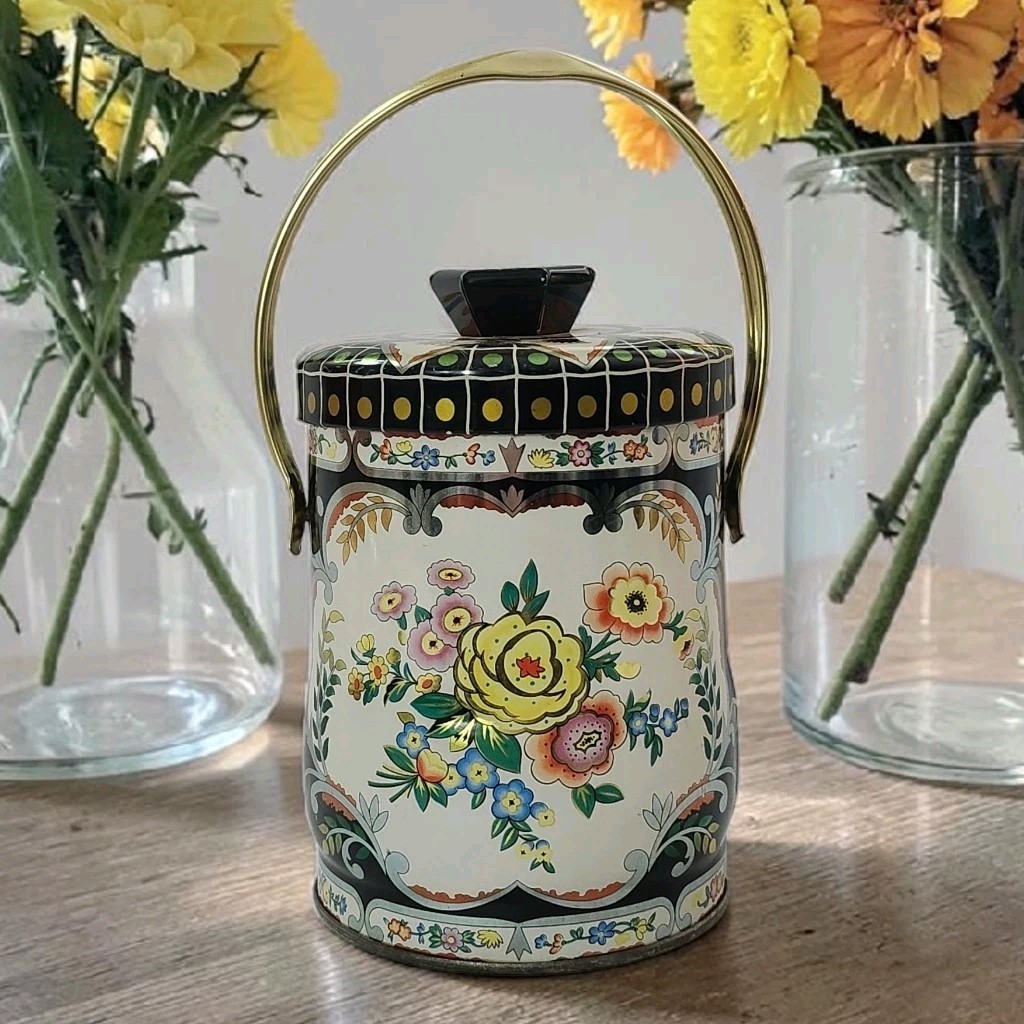 Vtg Murray-Allen Regal Crown Confections Metal Tin/Container with Handle GC Read