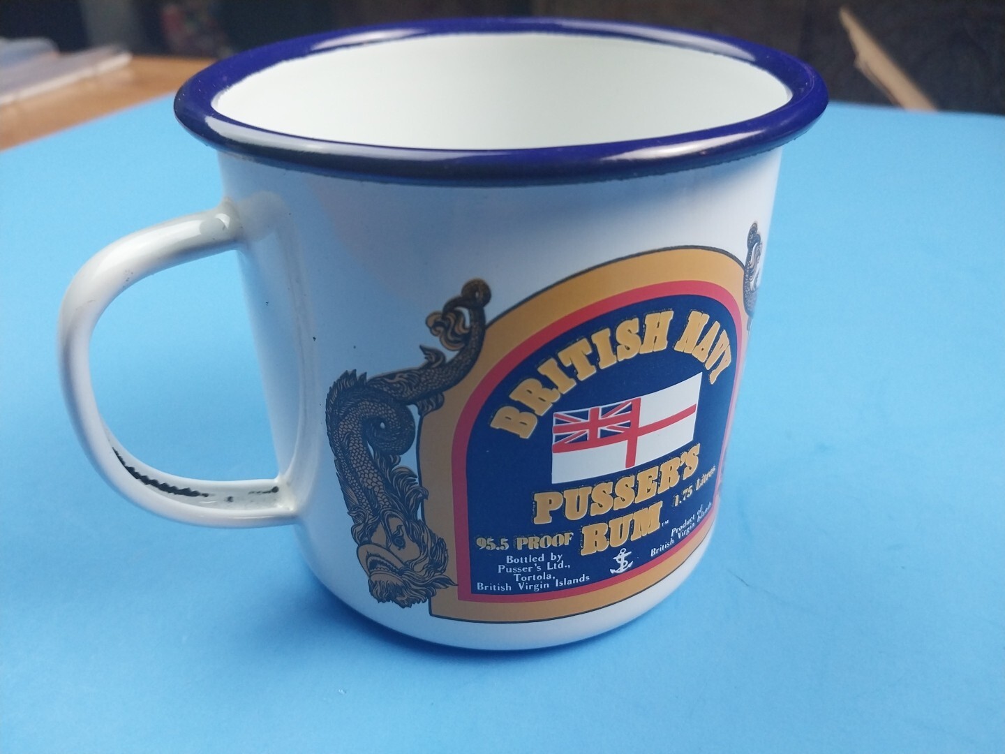 British Navy Pusser’s Rum Mug / Cup Enameled Tin ‘Royal Navy Rum Terminology’