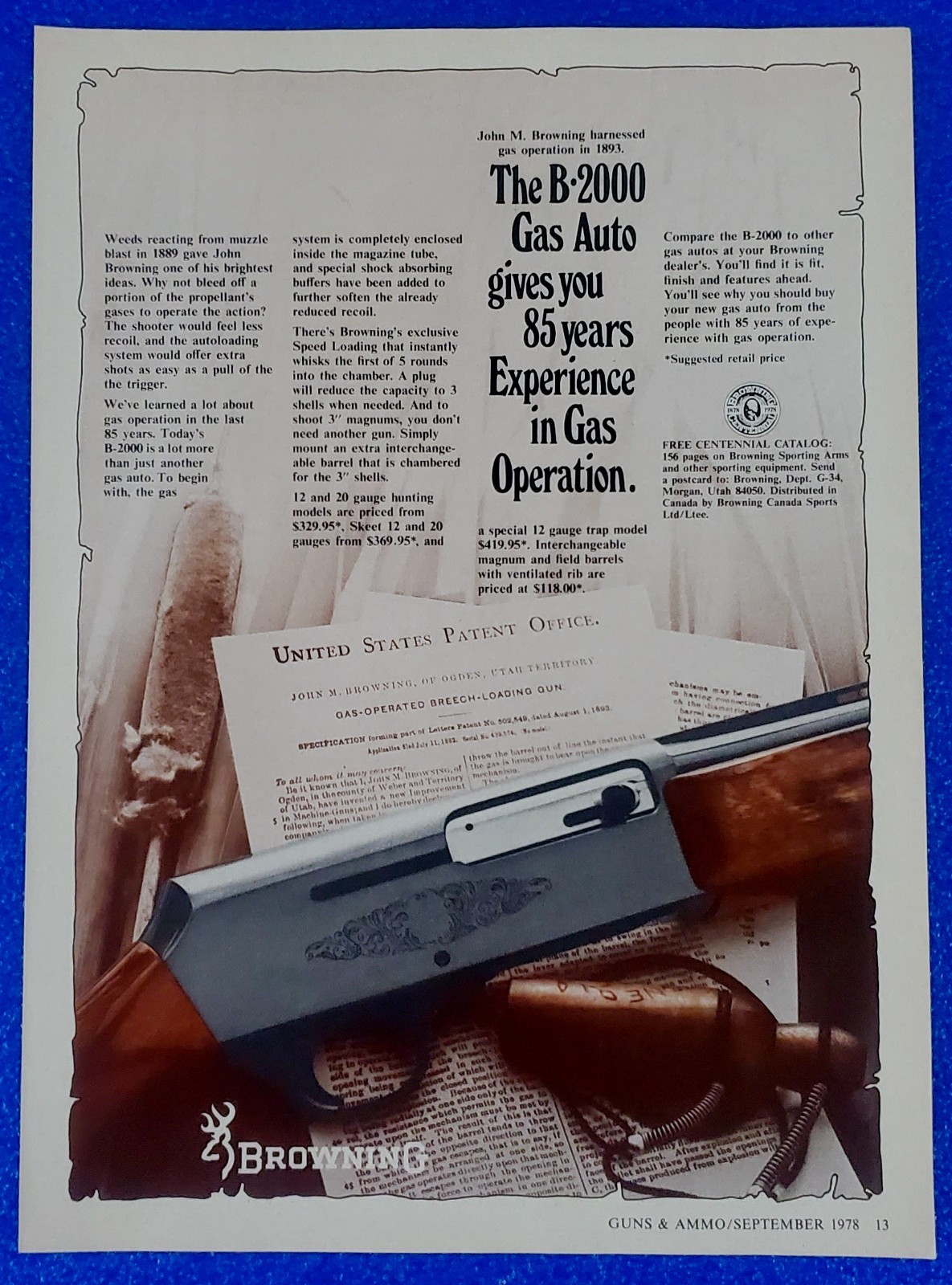 1978 BROWNING B-2000 SHOTGUN ORIGINAL GUN / FIREARM / HUNTING CLASSIC PRINT AD