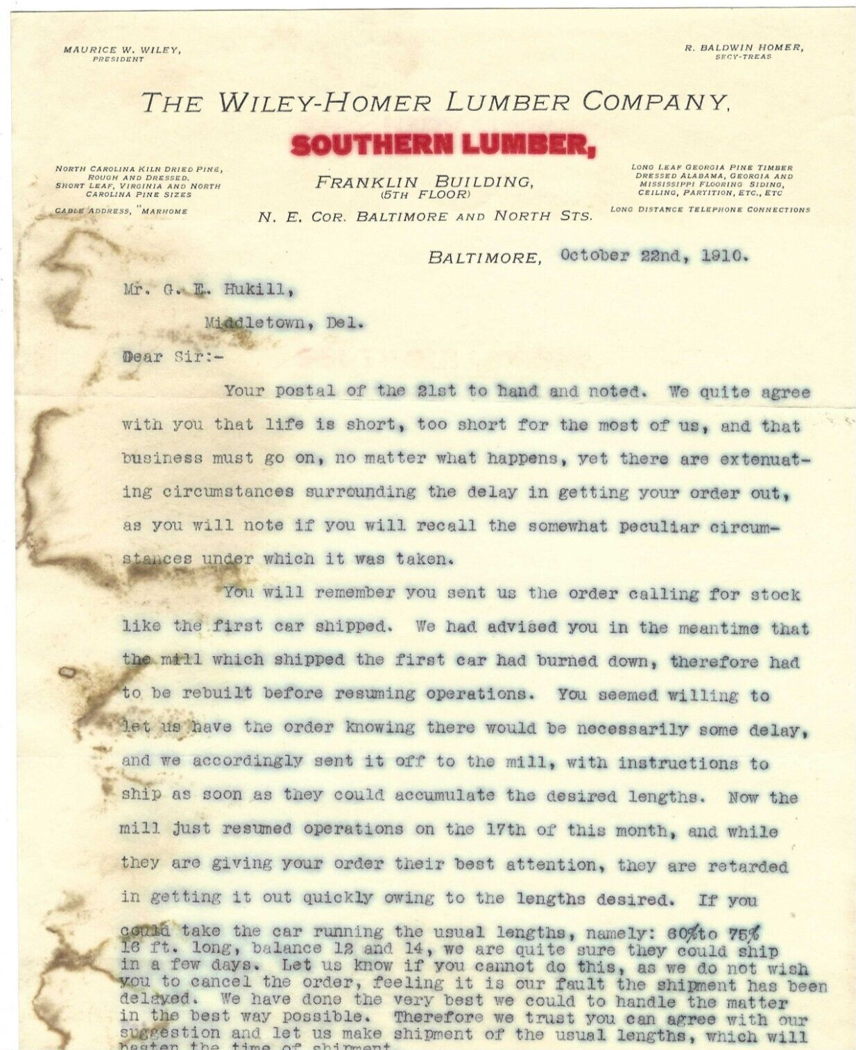 1910 Advertising Letterhead Wiley Homer Lumber Baltimore MD Hukill Middletown DE