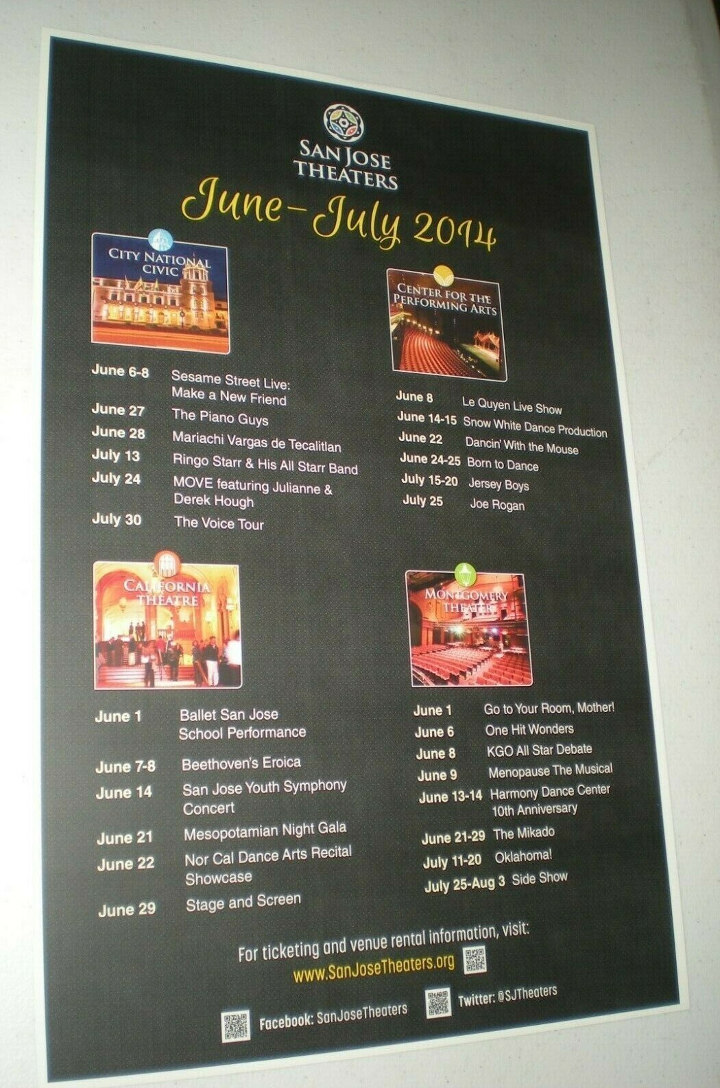 Poster -SAN JOSE Ca Theaters 2014 schedual ringo star jersey boys ballet tour *