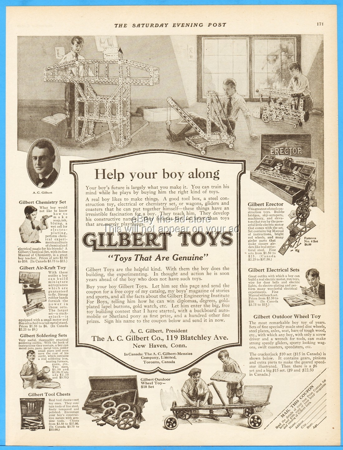 1919 Gilbert Toy Antique Ad Erector Set Air-Kraft Chemistry Tool Chest Soldering
