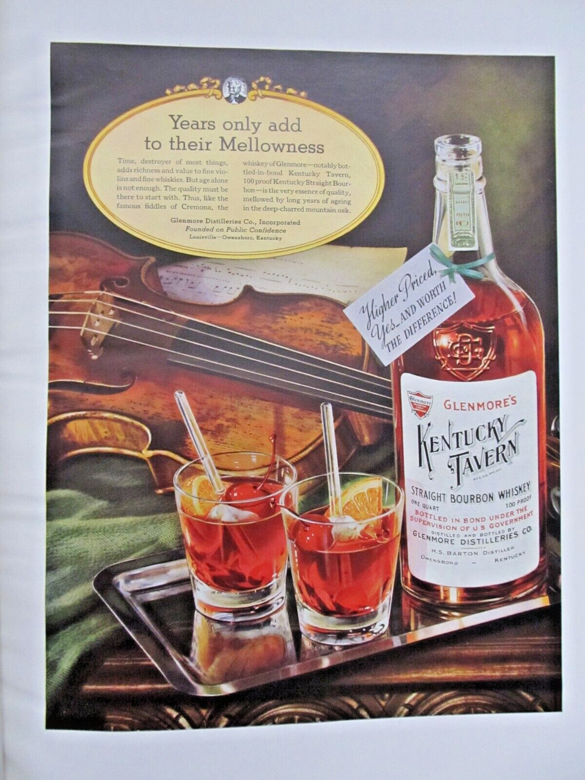 Vintage 1934 Ad Glenmore’s Kentucky Tavern Straight Burbon Whisky
