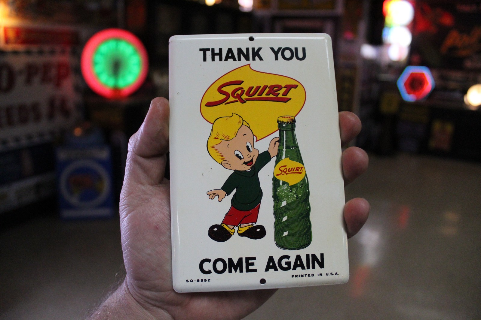 RARE 1950s DRINK SQUIRT BOY BOTTLE SODA POP STAMPED PAINTED METAL DEALER SIGN