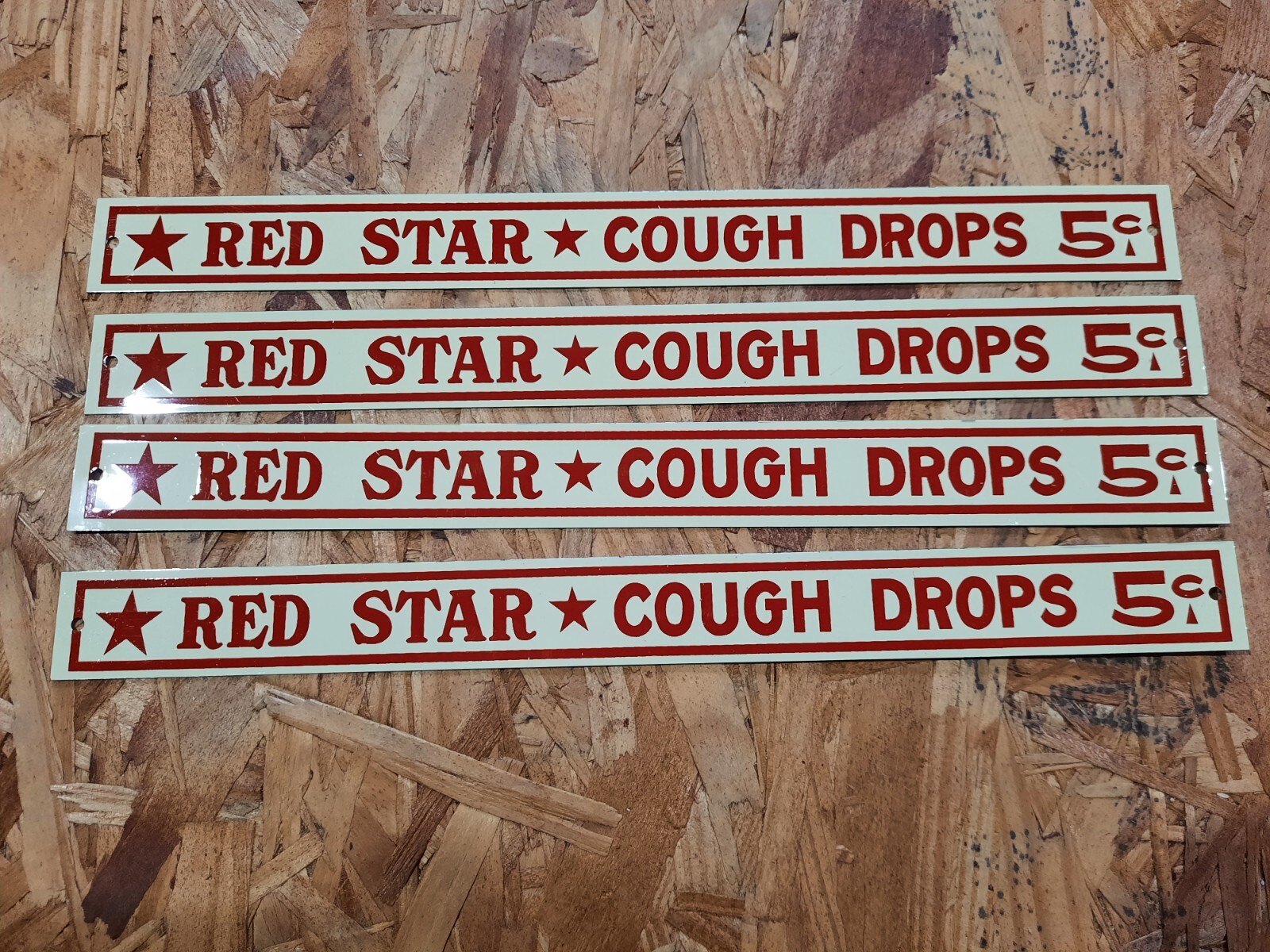 4 SCARCE RED STAR COUGH DROPS 5 CENTS PAINTED METAL STRIP SHELF DRUG STORE SIGN