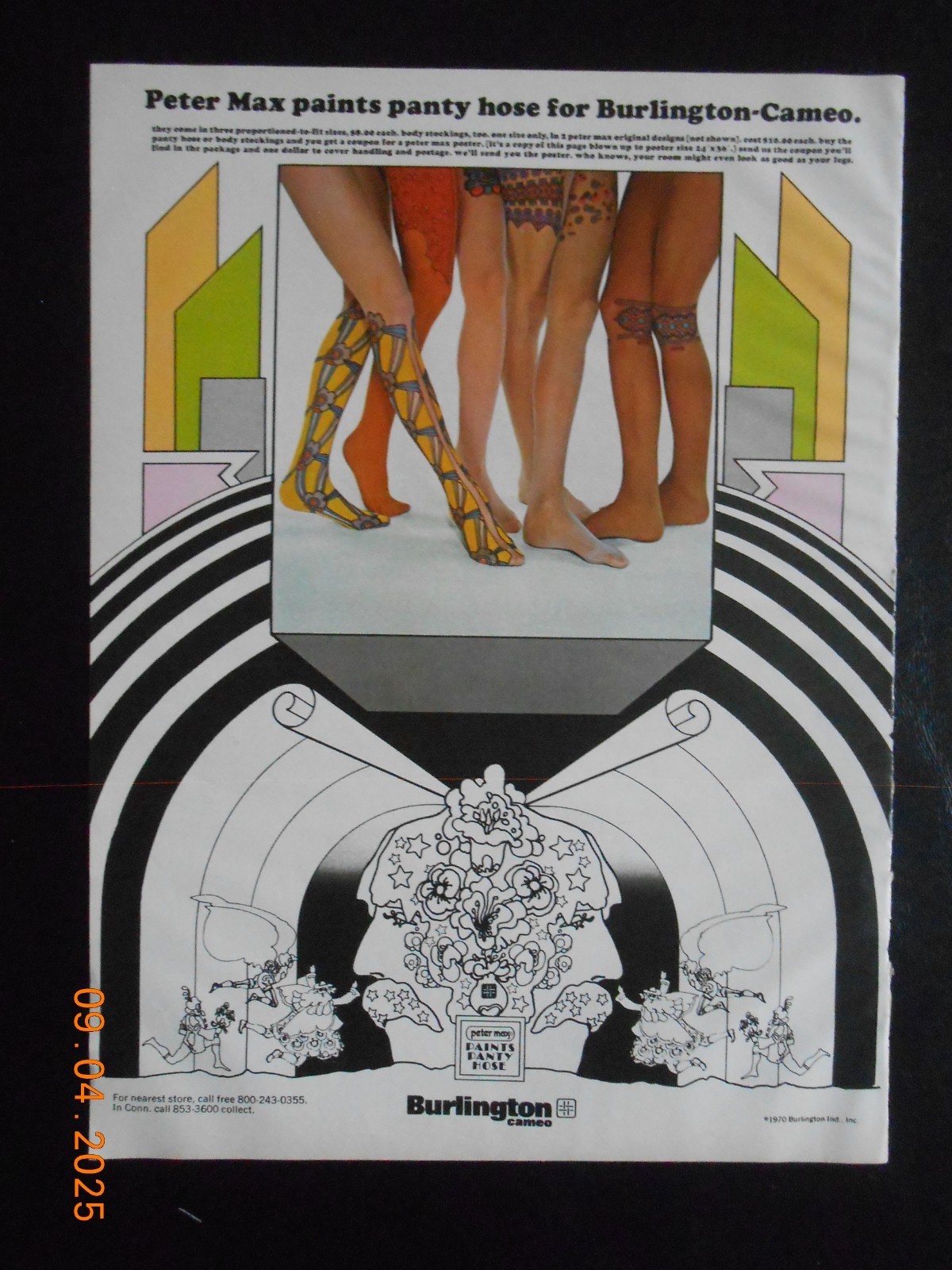 1970 Peter Max Art Sexy female model long legs Burlington pantyhose hosiery AD