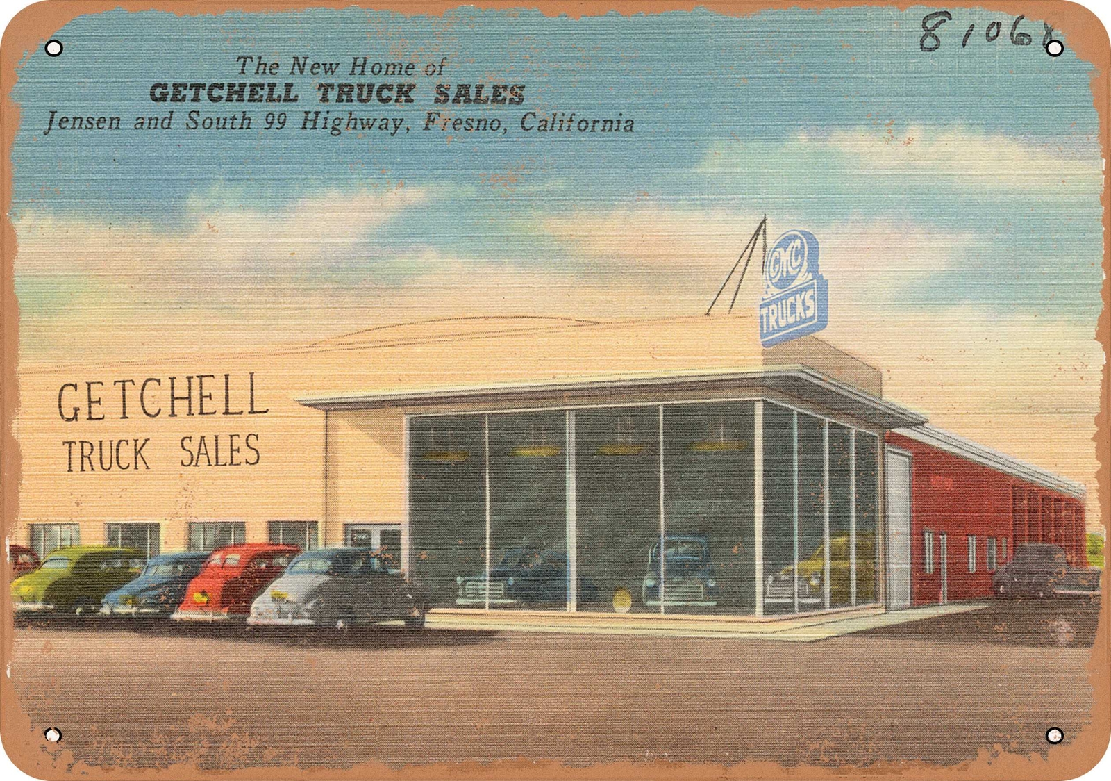 Metal Sign – California Postcard – The New Home of Getchell Truck Sales, Jensen