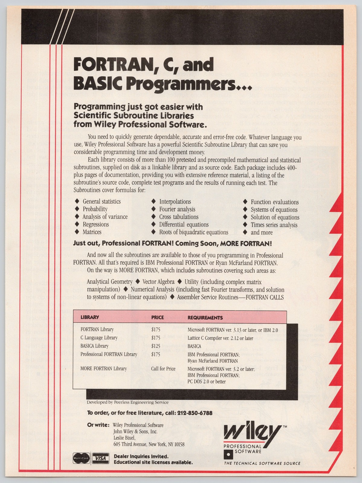 FORTRAN C BASIC Wiley Software Scientific Subroutines Programs 1986 Print Ad