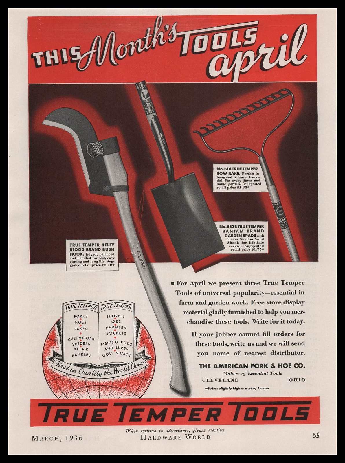 1936 True Temper Tools Kelly Blood Brand Bush Hook American Fork & Hoe Print Ad