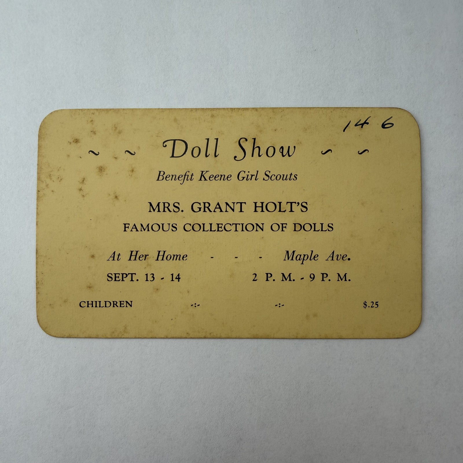 Keene NH Mrs Grant Holt Doll Show Ticket Benefit Girl Scouts Vintage Trade Card