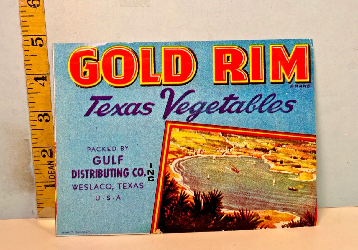Gold Rim Texas Vegetables, Gulf Distributing Co Weslaco, TX Crate Prod Label.