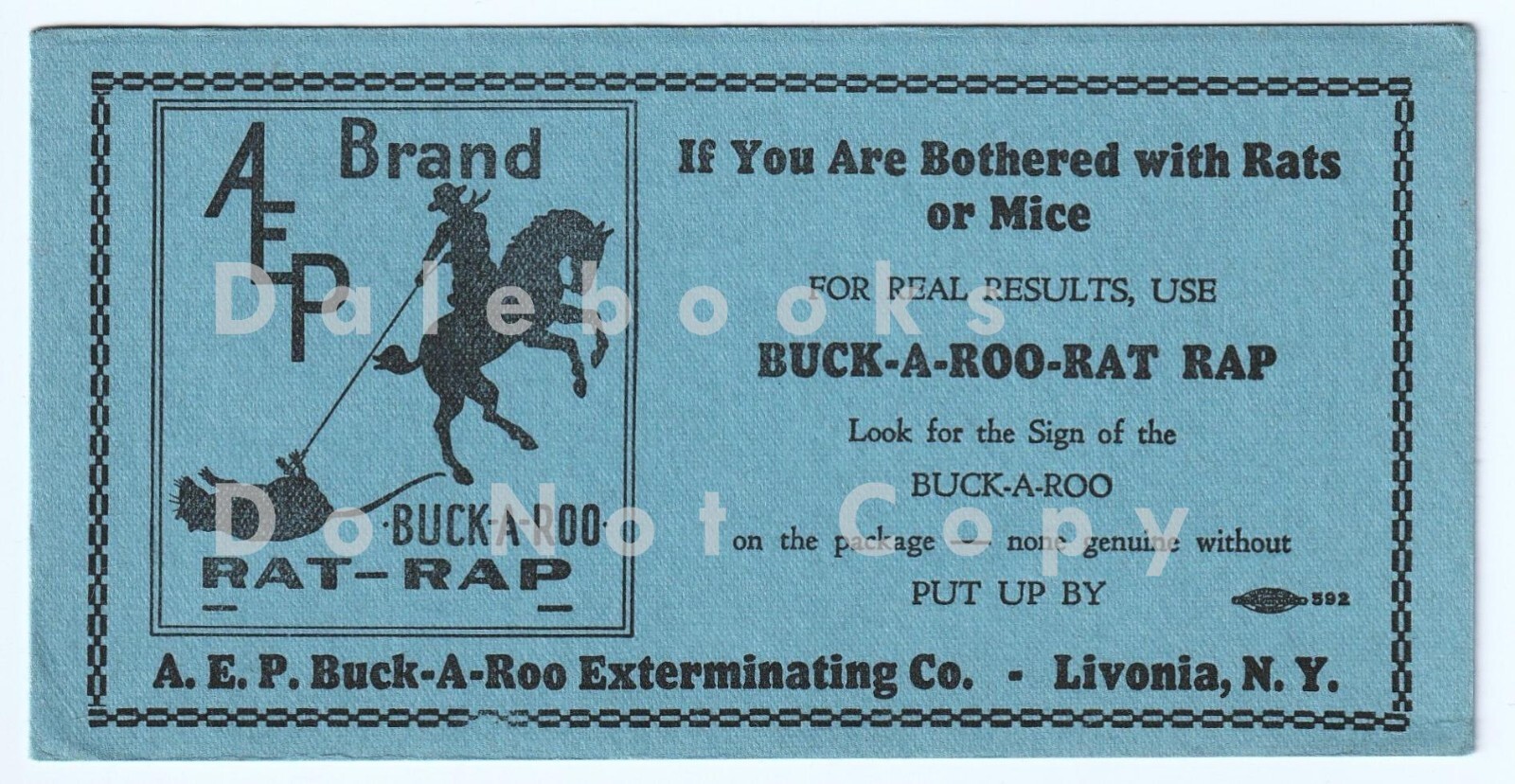 RARE Advertising Blotter – AEP Buck-A-Roo Exterminating- Rat Rap Livonia NY 1920