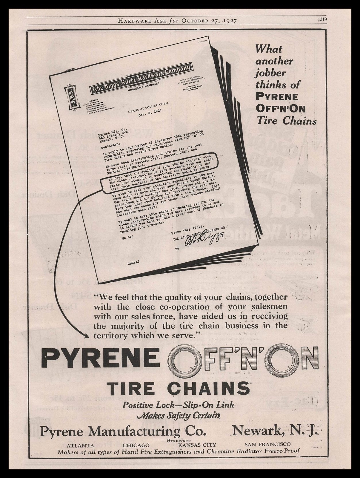 1927 Pyrene Mfg Co. Newark New Jersey “Off-N-On” Tire Chains Vintage Print Ad