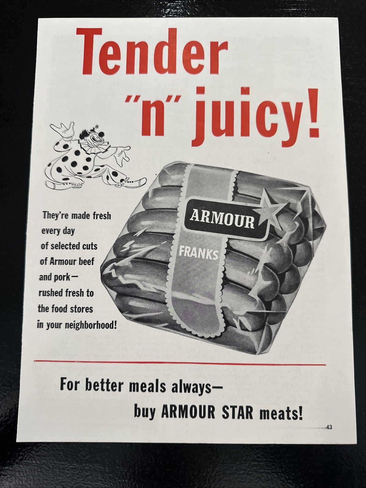 1951 Armour Franks Advertisement Ad Clown Circus Theme 1950’s Americana Grocery
