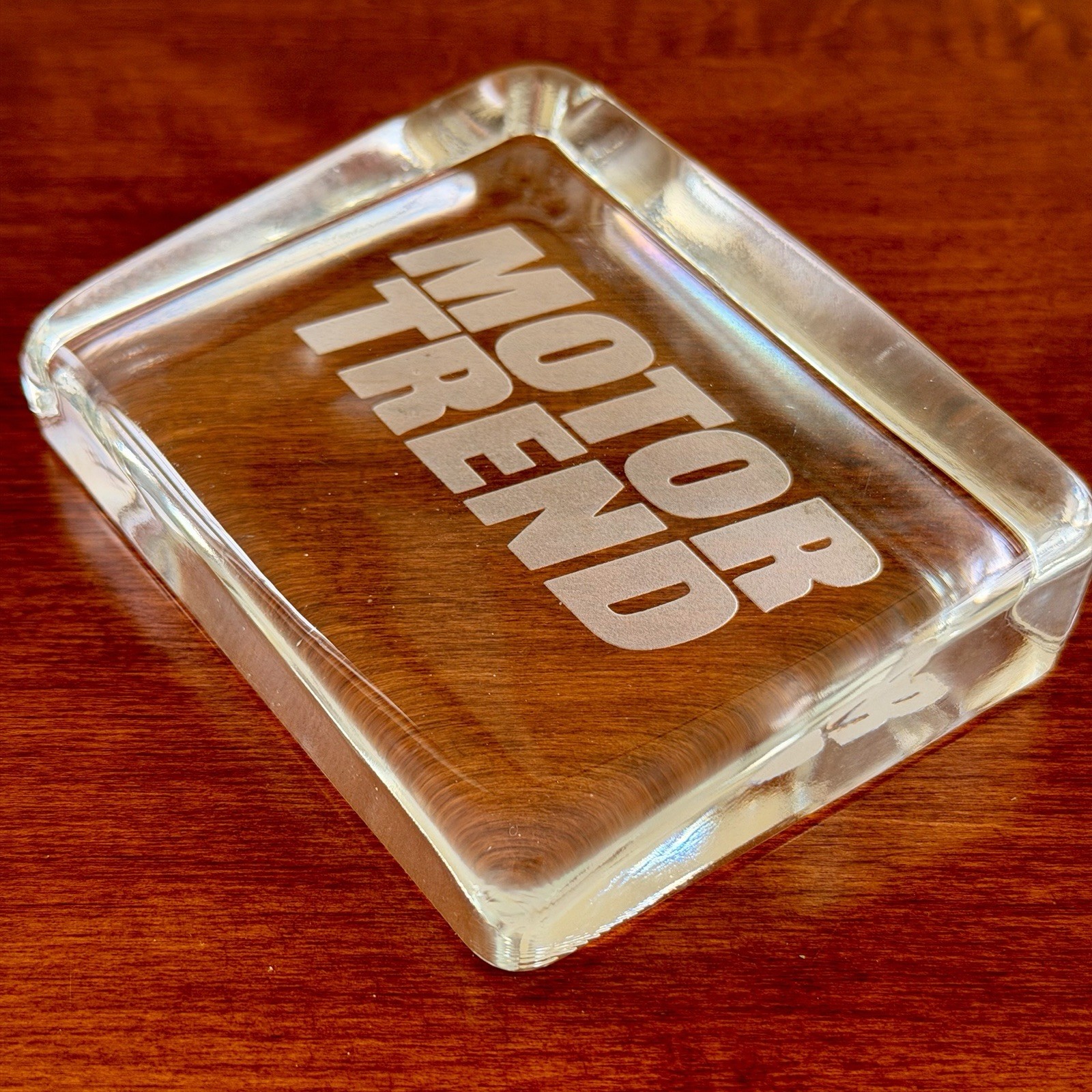 Vintage 1980s MOTOR TREND Magazine Glass Paperweight Etched Logo Promo Car Desk