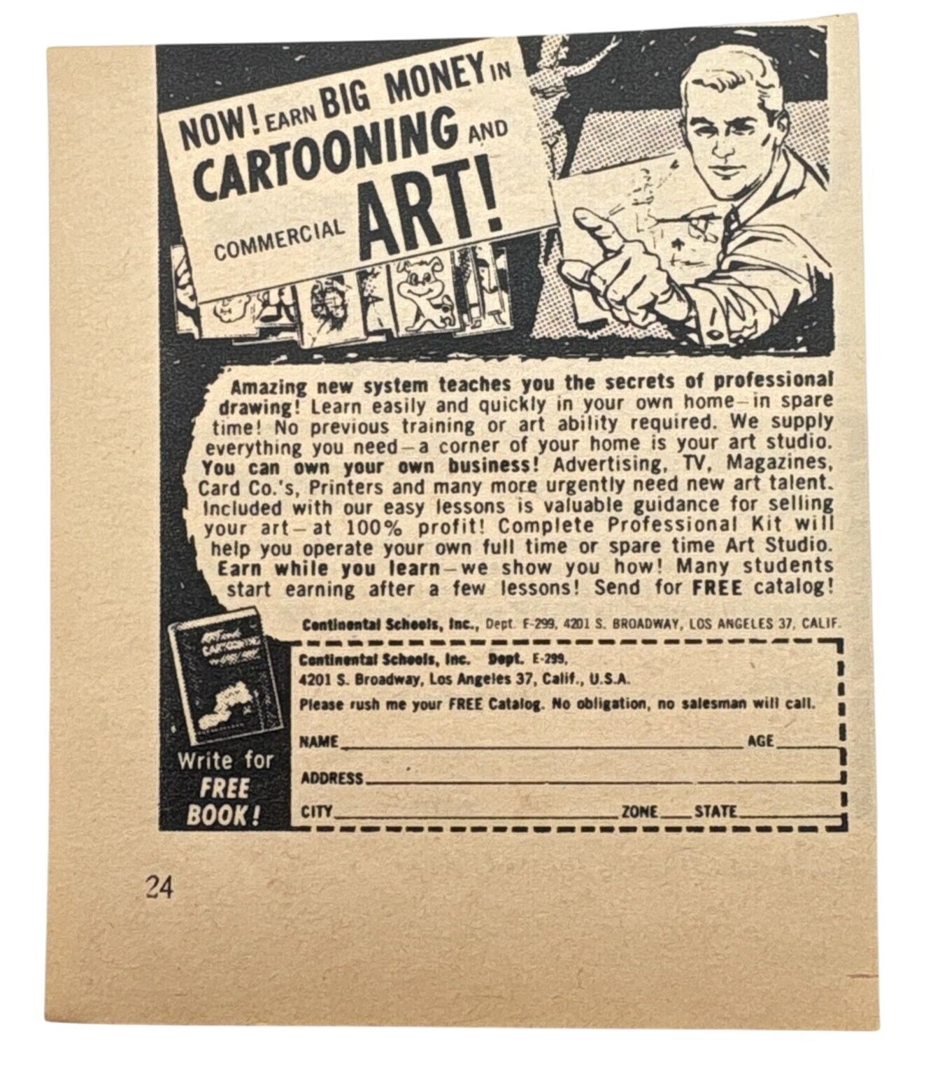 Continental Schools Vintage Print Ad 1960s Learn Cartoon Art Mid Century