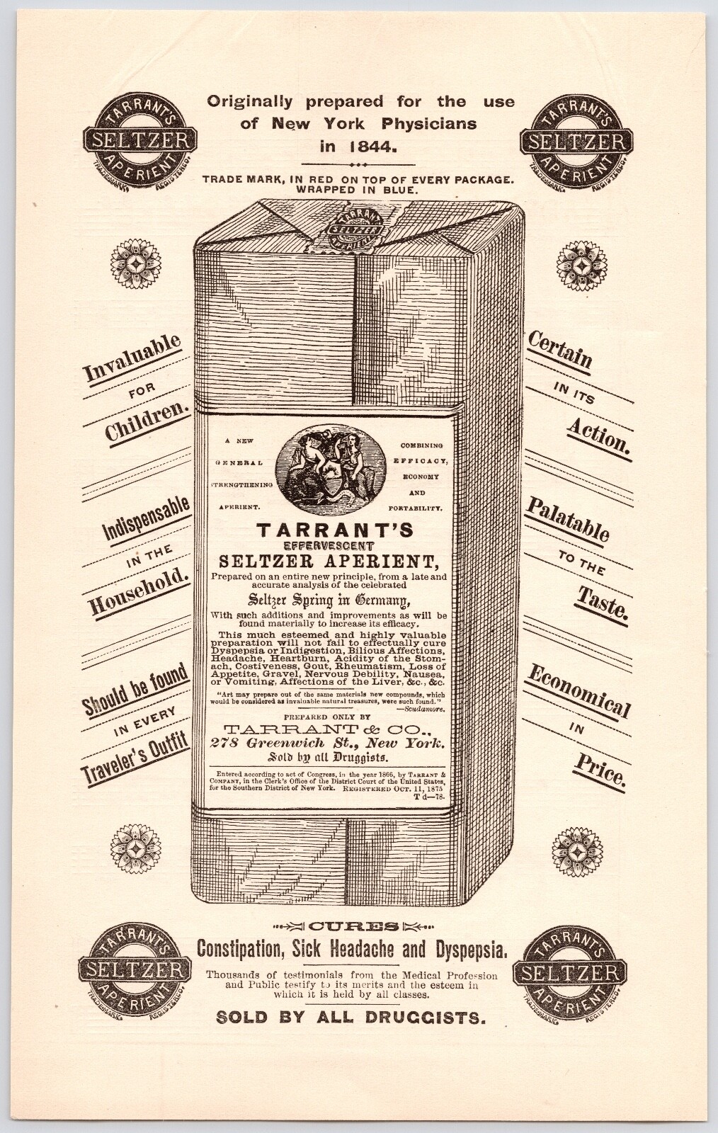 Tarrant’s Seltzer Aperient Quack Medicine Cure-all NYC 1880s Victorian Print Ad