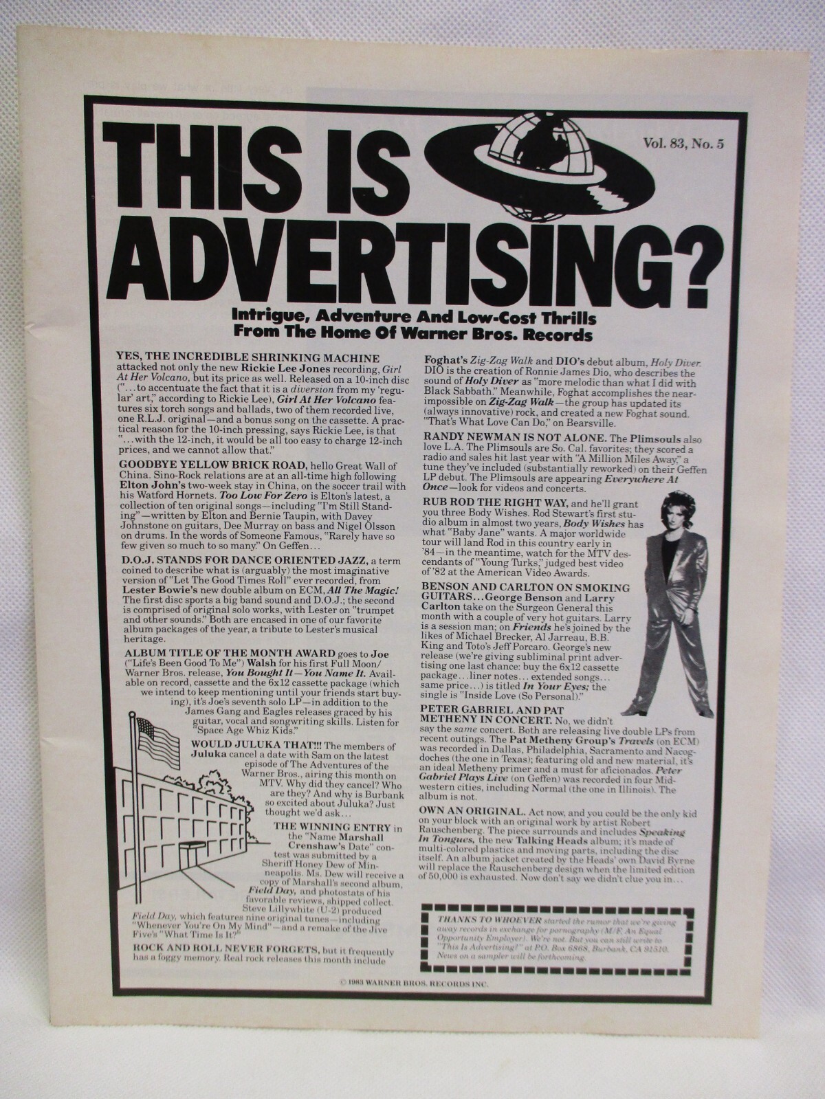 Warner Brothers Records This Is Advertising? 1983 Vintage Print Ad Music Room