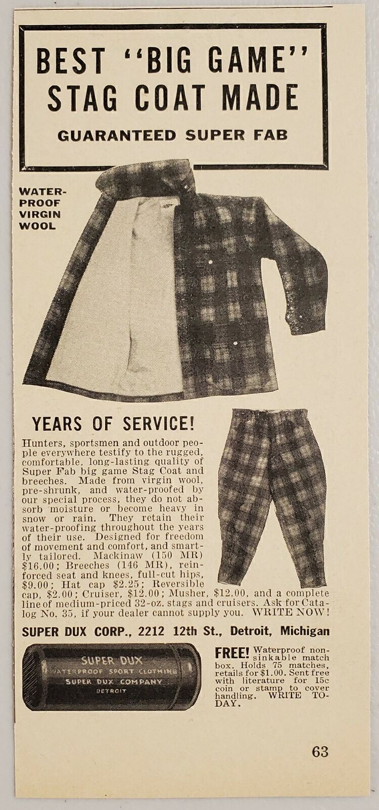 1936 Print Ad Super Dux Wool Stag Hunting Coat & Pants Detroit,Michigan