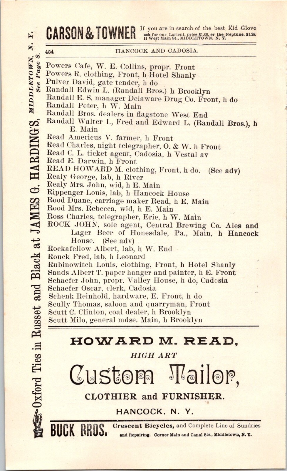 1900 Howard M Read Custom Tailor Clothier & Furnisher HANCOCK NY Print Ad