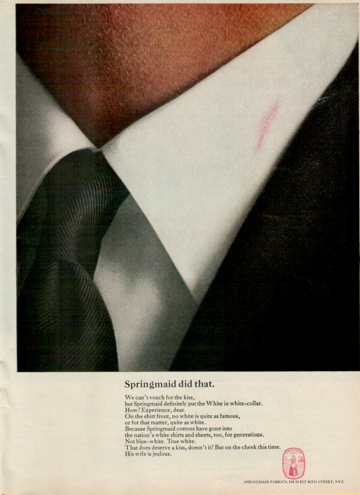 1963 Springmaid Fabrics White Dress Shirt Red Lipstick Kiss VINTAGE PRINT AD