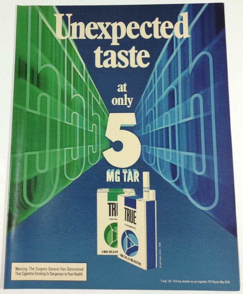 1978 True Cigarettes AD PAGE Unexpected Taste filter smoking 10×13 vintage 1970s