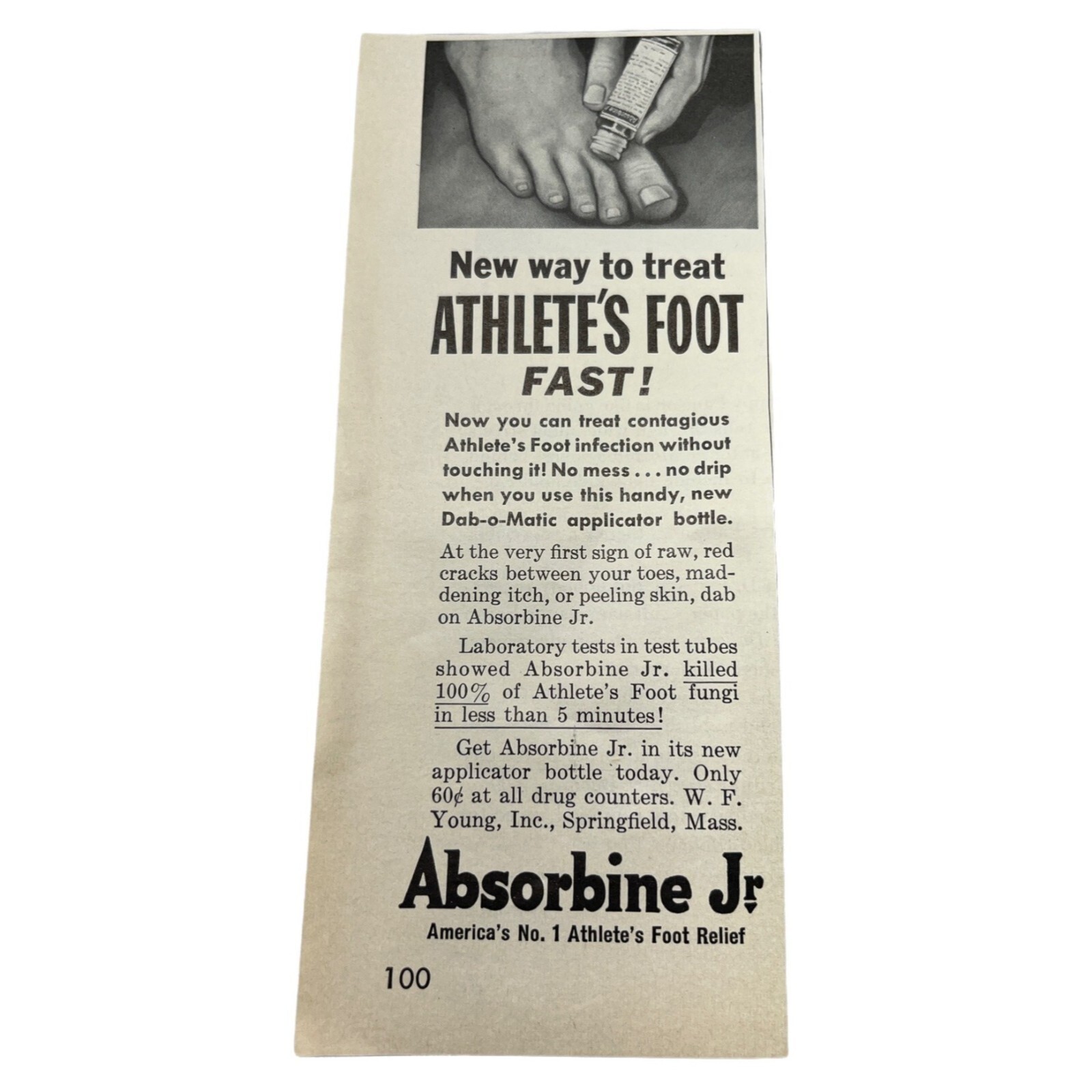Absorbine Jr Athletes Foot Relief Vintage Print Ad 1950s Dab-O-Matic Bottle