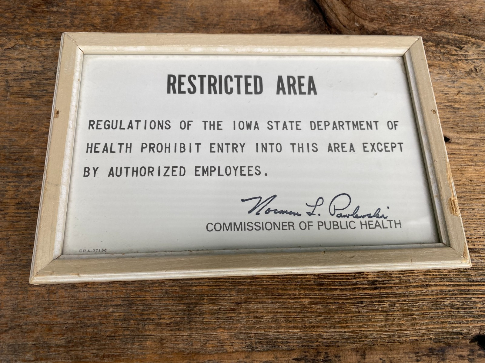 Vintage Restricted Area Iowa Department of Health Framed Warning Sign 9″ x 6″