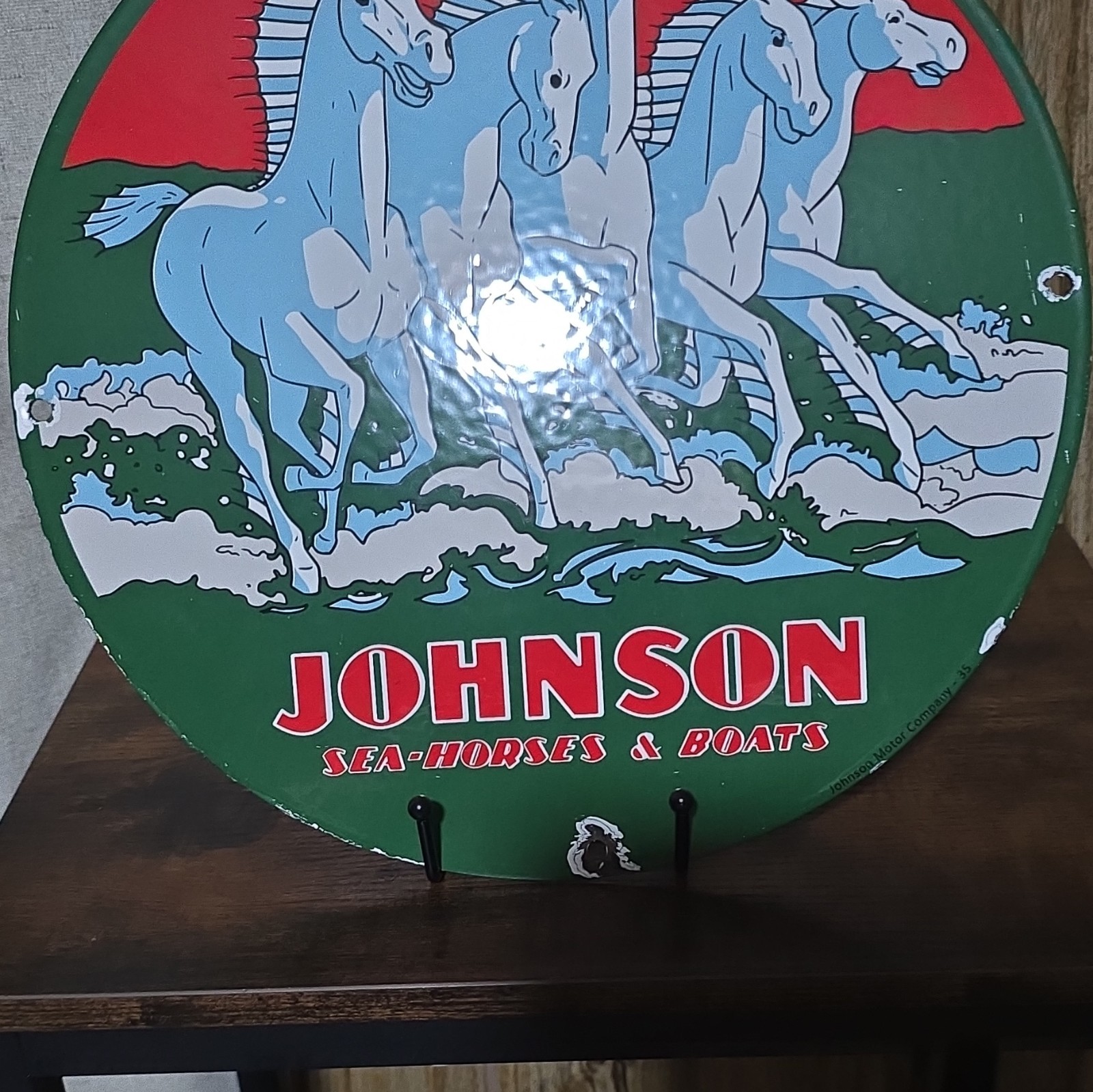 Johnson Sea-Horses & Boats Round Advertising Sign Green Red Blue White Original
