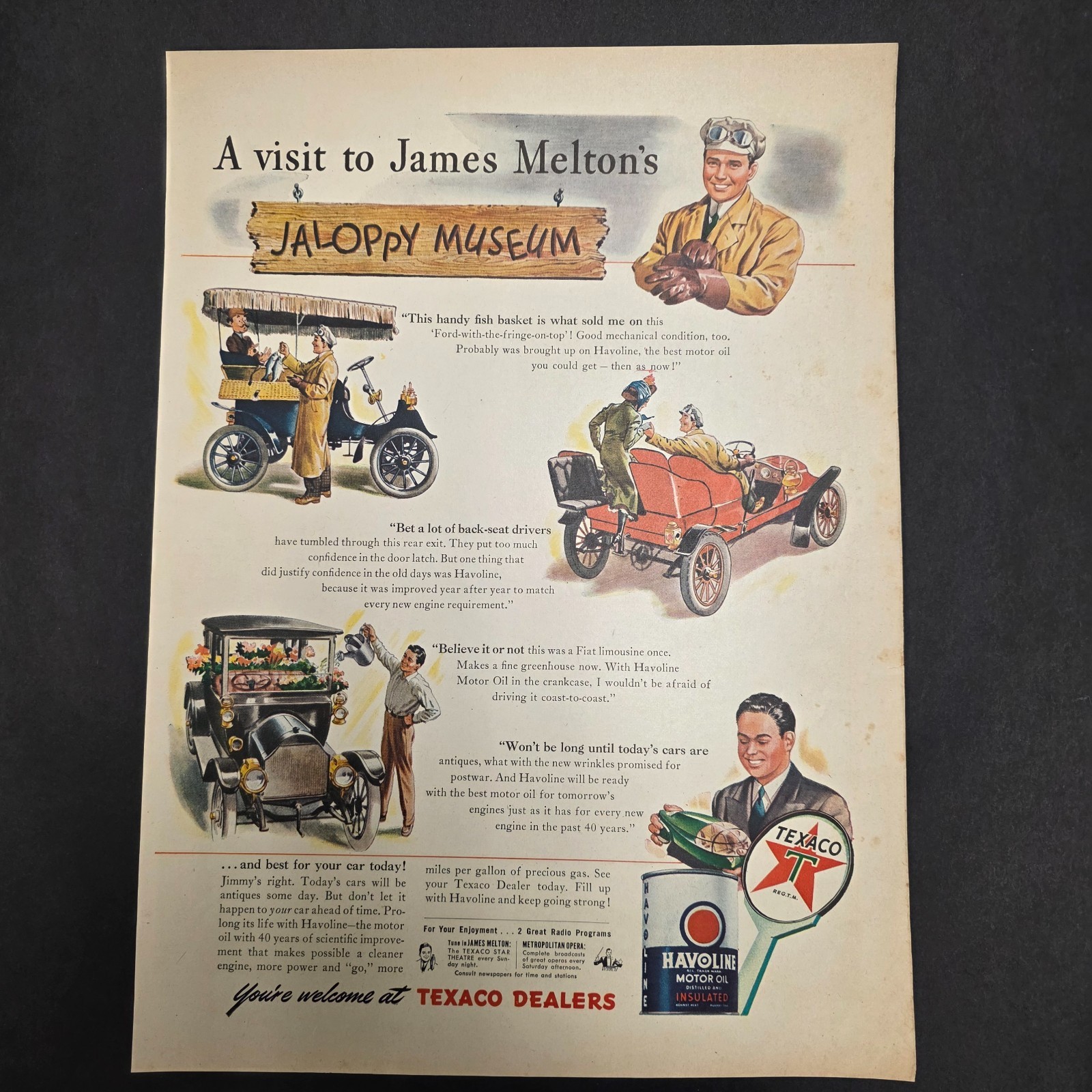 Vintage Texaco Havoline Motor Oil Ad Jalopy Museum James Melton 1930s Auto