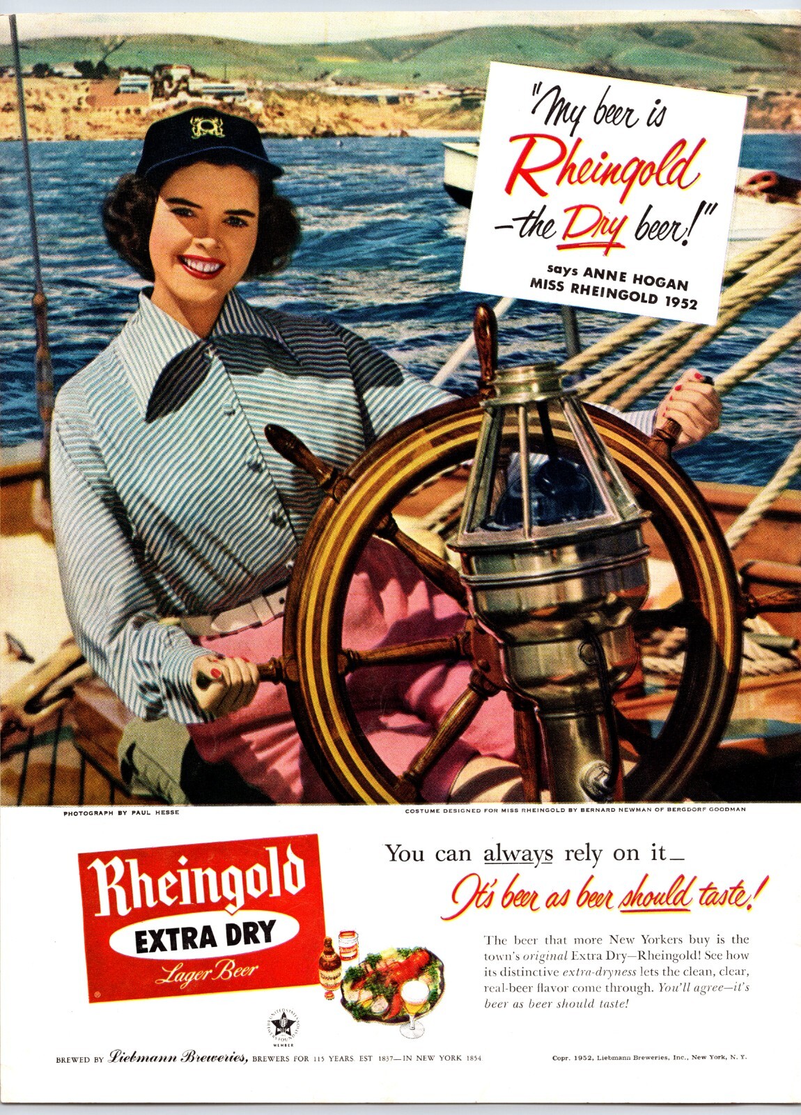 1952 Miss Rheingold Anne Hogan Lager Beer Steering Sailboat Vintage Print Ad