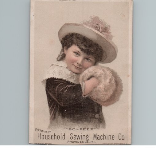 Household Sewing Machine Bo Peep Muff Hat Victorian Advertising Trade Card 1880s