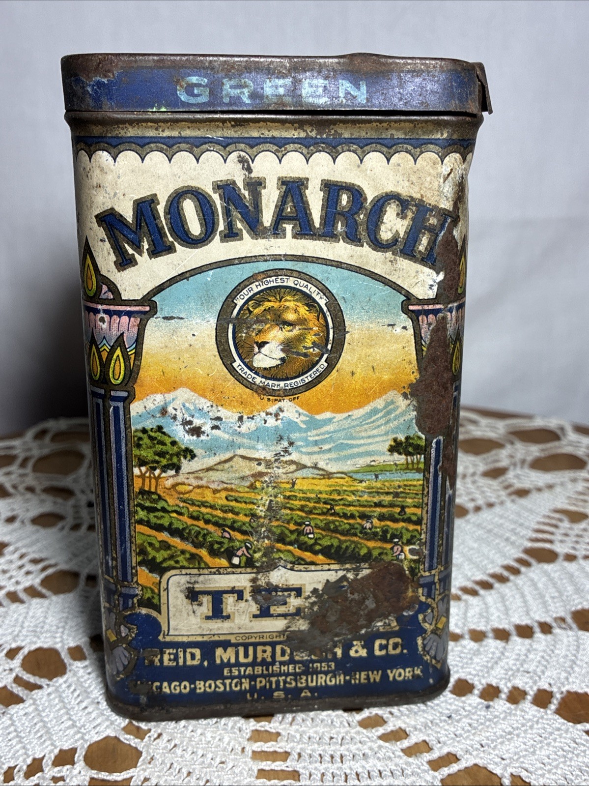 Vintage Monarch Tea Tin 8 oz Can Lion Graphic Hinge Lid Reid Murdoch Advertising