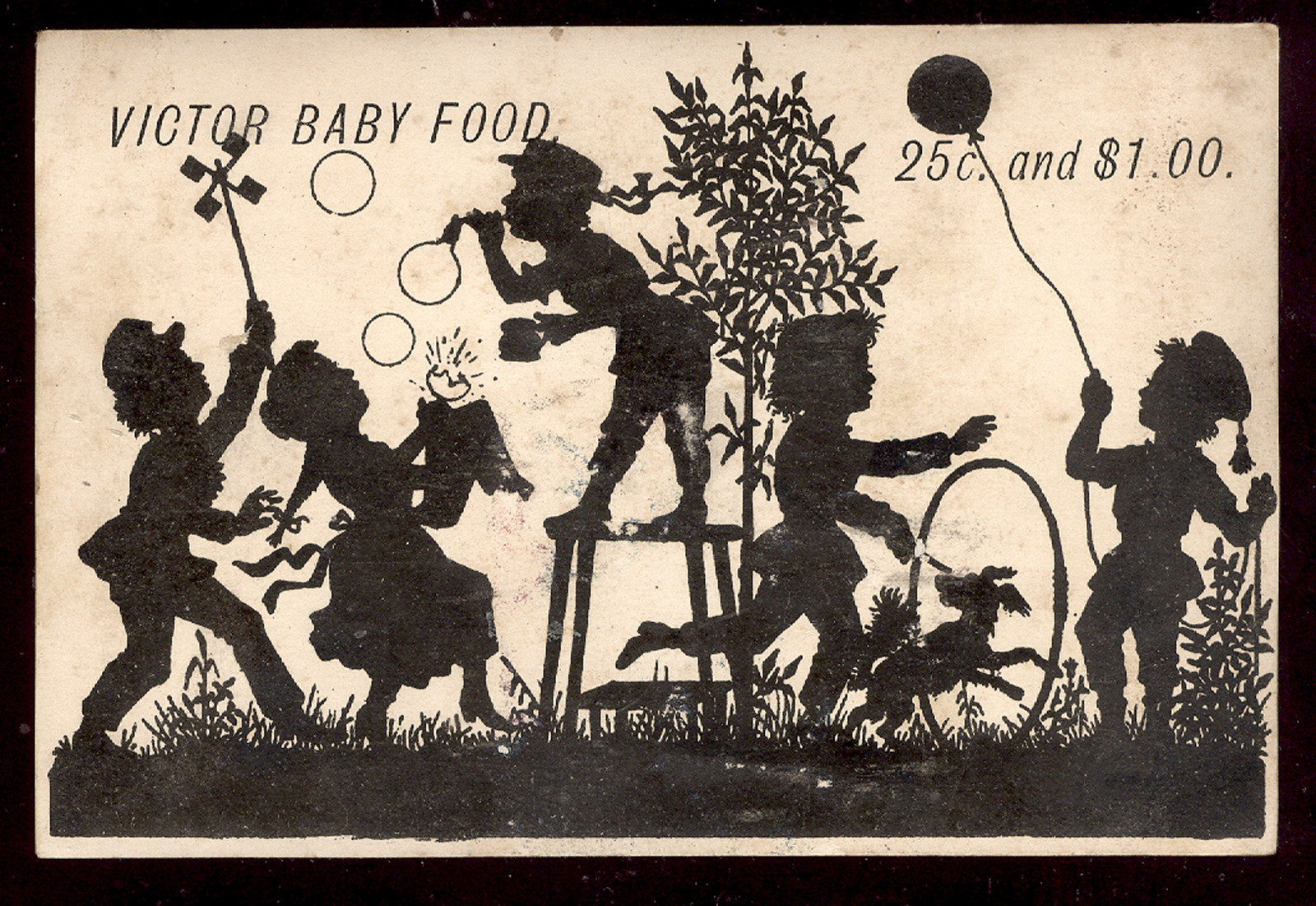 1880’s VICTOR BABY FOOD SILHOUETTE TRADE CARD 25c & $1.00 CHILDREN AT PLAY C432