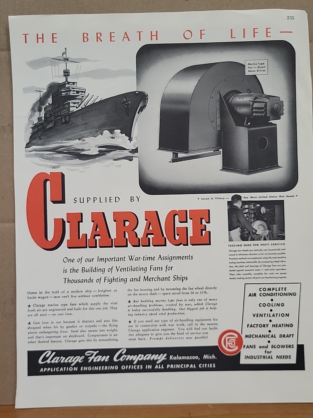 1943 Clarage Fan Co. Fortune WW2 Print Ad Q3 Kalamazoo US Navy Destroyer Warship