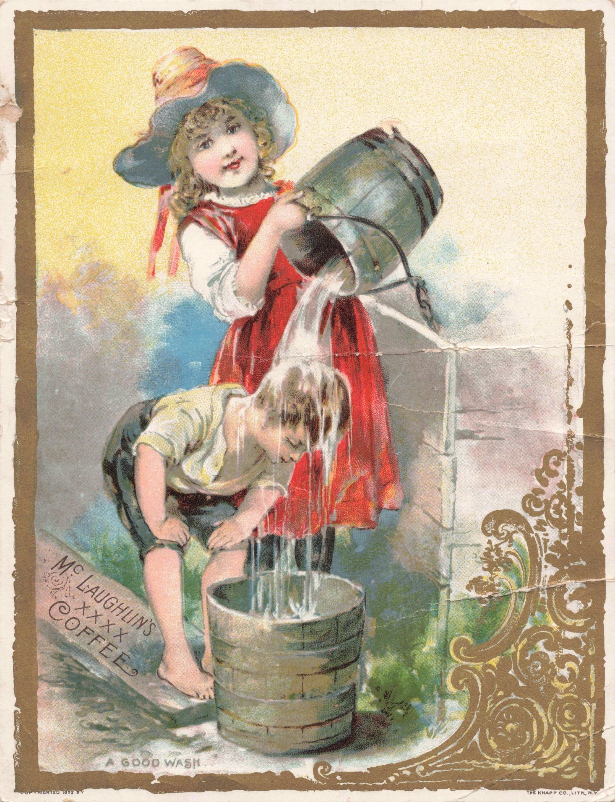 Victorian Trade Card McLaughlin’s XXXX Coffee “A Good Wash” 1890s Large 5 x 7