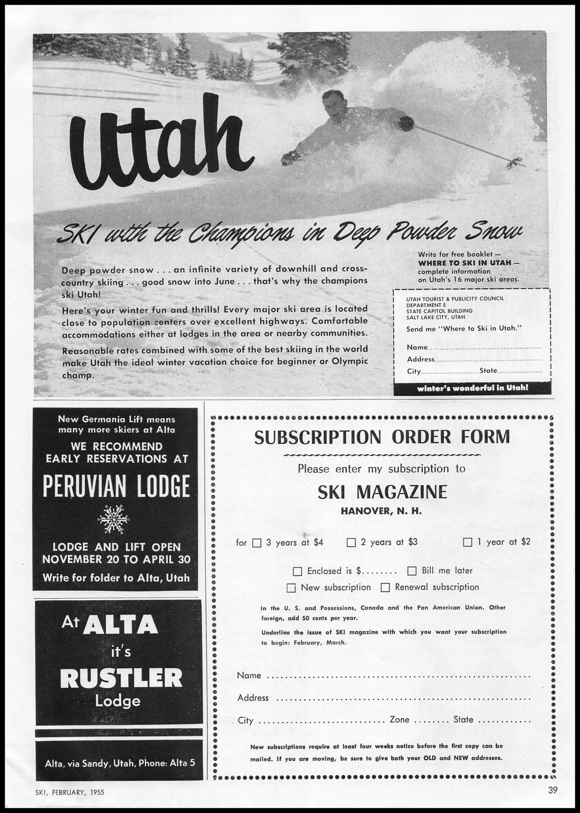 1955 Peruvian Lodge Alta Utah Snow Ski Resort Germania Lift Vintage Print Ad