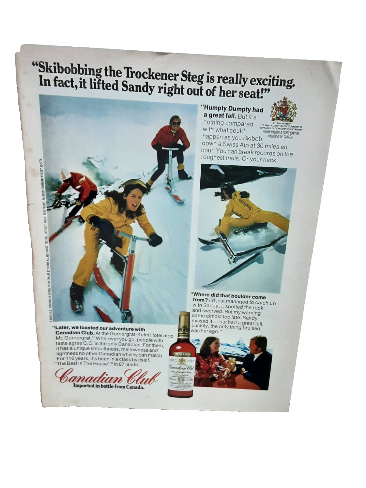 Vintage Canadian Club Ad Skibobbing Swiss Alps Adventure Whiskey 1974