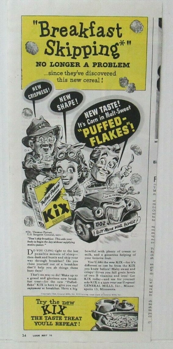 KIX CEREAL BUY WAR BONDS WWII ERA Vintage 1940’s 5″ X 13″ Magazine Ad LM26