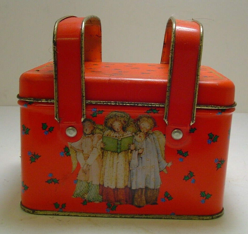 The Tin Box Company Of America Red Tin Box with angels, two handles USED