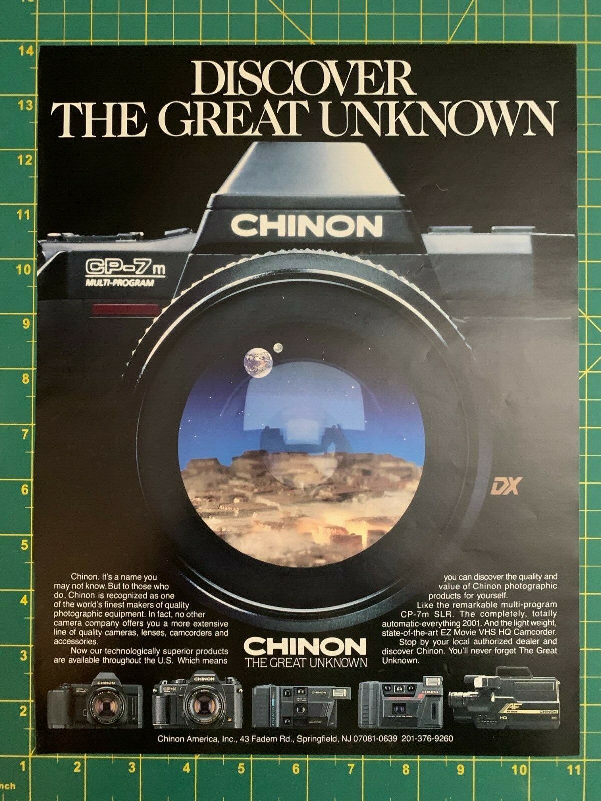 1986 Vintage Chinon Camera The Great Unknown CP-7m SLR Camcorder Print Ad E1