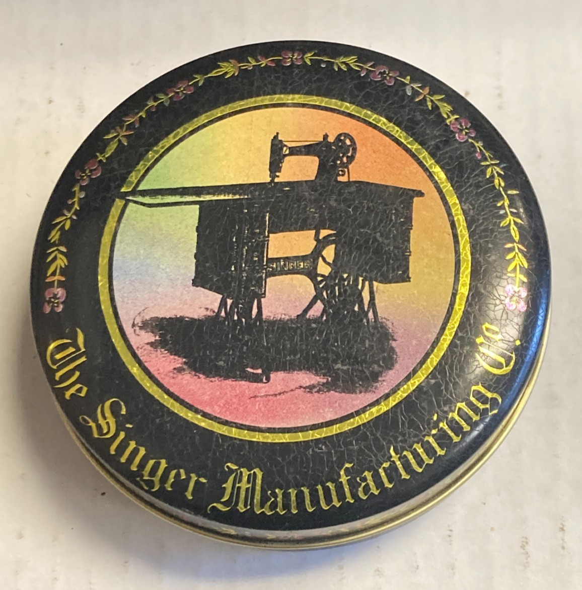 Vintage Sewing Tin The Singer Manufacturing Co. Metal Tin Bristol Ware Rainbow