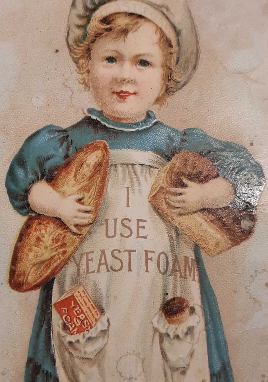 RARE 1890s Trade Card~YEAST FOAM ~VICTORIAN~BAKING~BREAD~GIRL CHEF~APRON
