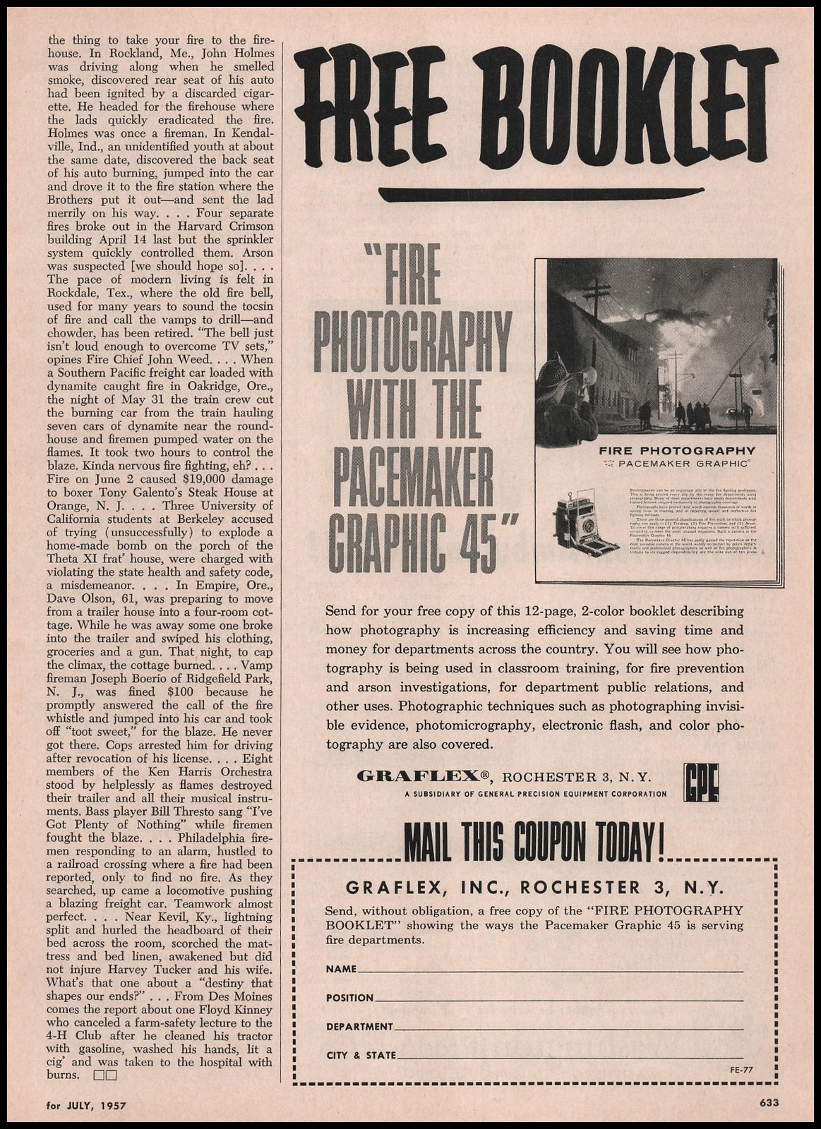 1957 Graflex Rochester NY Fire Dept Pacemaker Graphic 45 Camera Booklet Print Ad