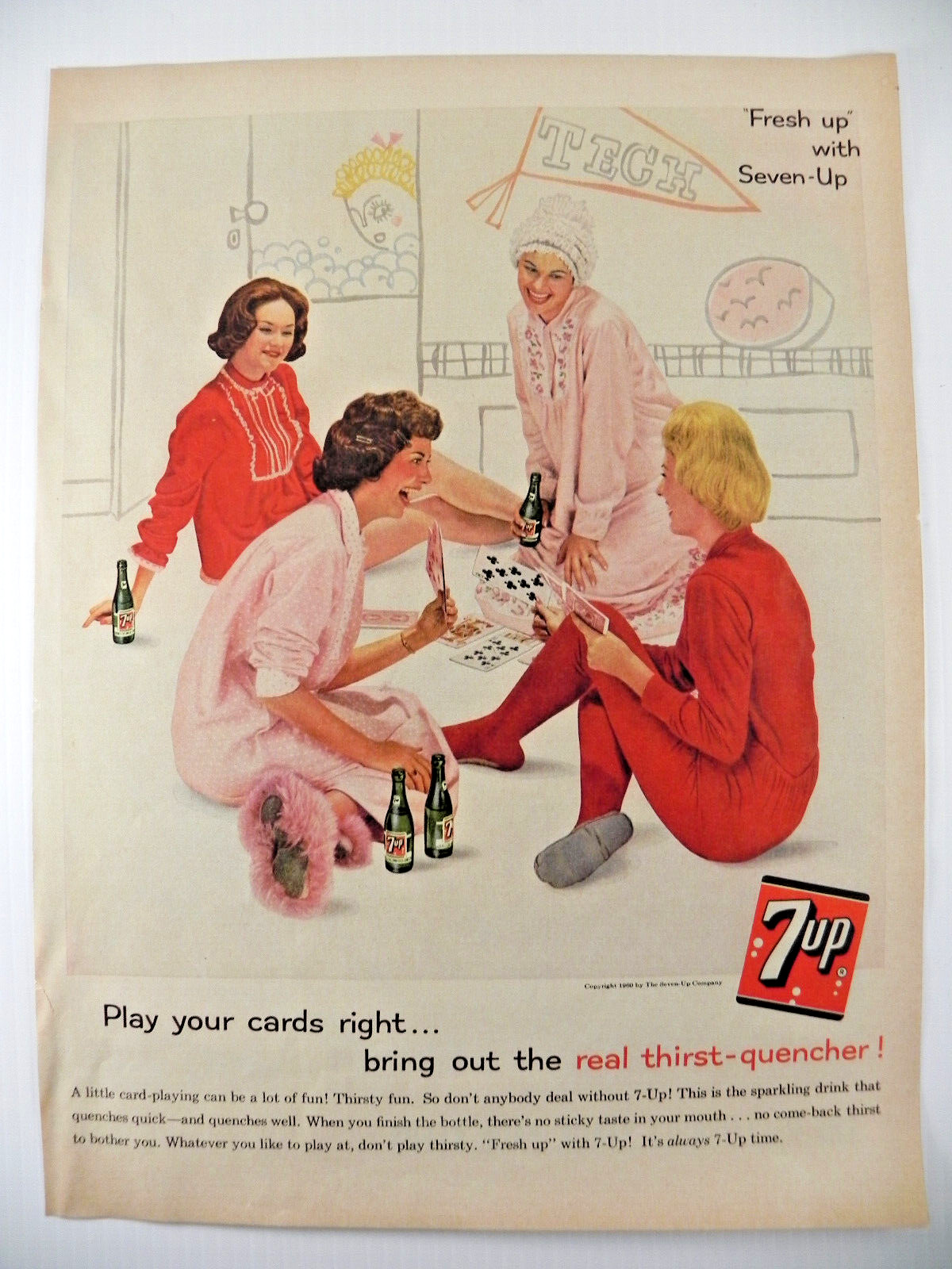 1960 7Up Soft Drink Print Ad ~ Teens at a Slumber Party in Pajamas
