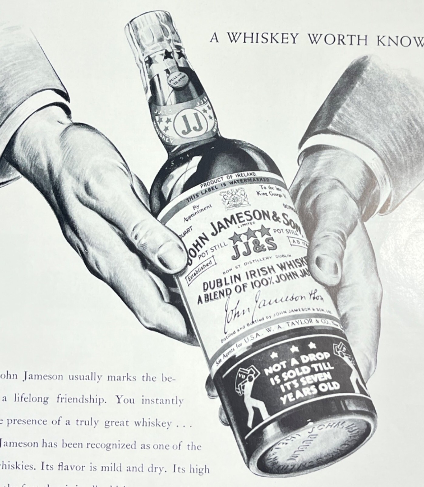 Vtg Advertising John Jameson Irish Whiskey Large Print Ad 1940’s Barware Decor