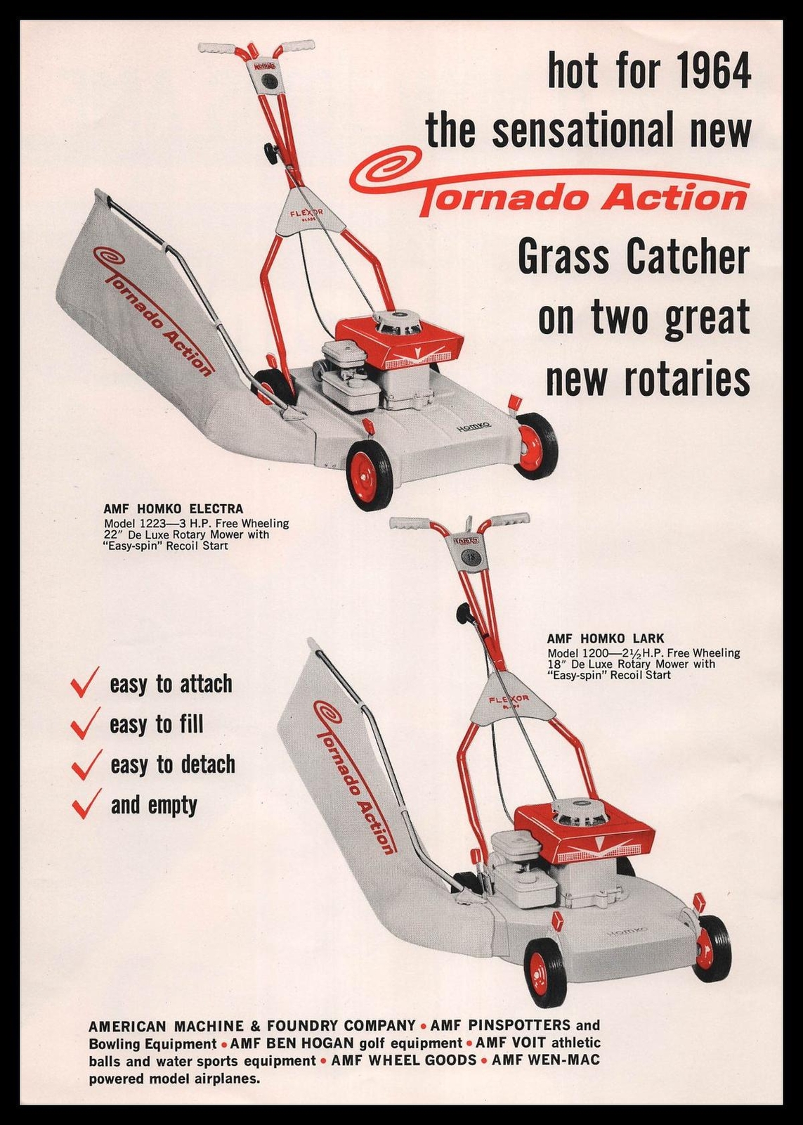 1963 Homko Des Moines Iowa AMF Electra Lark Tornado Action Lawn Mowers Print Ad